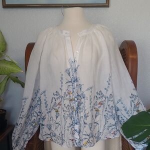 Banana Republic White Blouse with Blue Floral Design